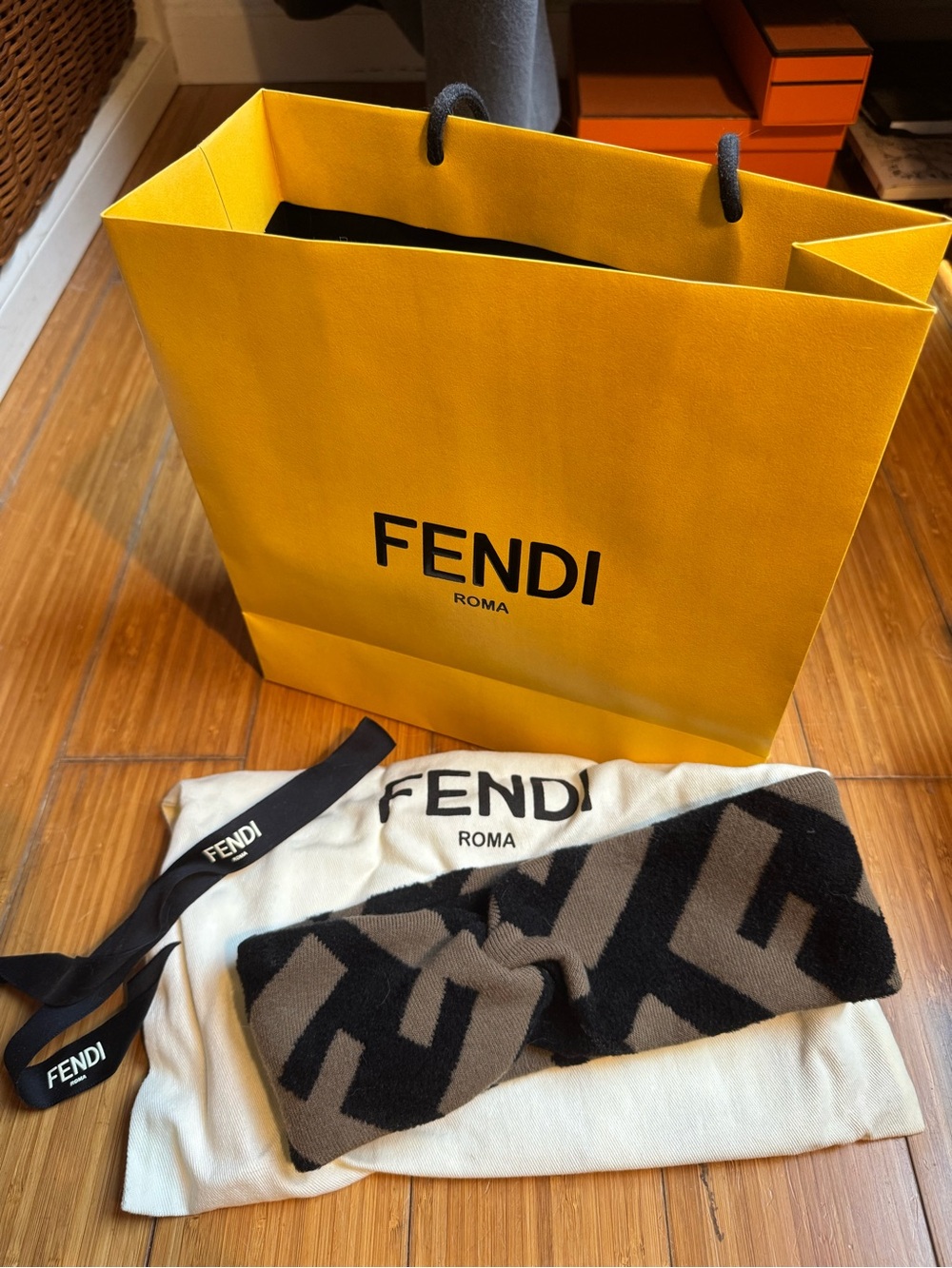 Fendi Logo Gift Bag & Dust Bag Set in Yellow, Cream, Black